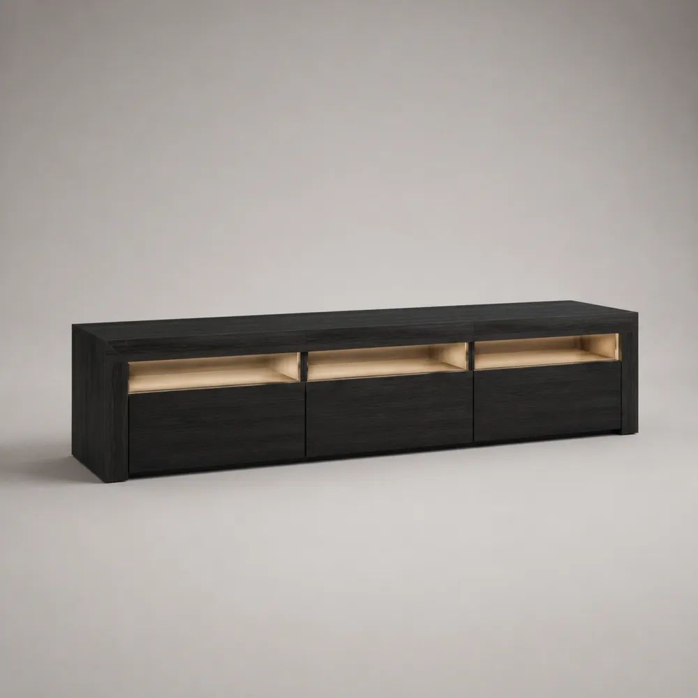 Meuble TV bas rectangulaire en panneaux de particules mélaminés noir et chêne clair avec éclairage LED et 6 rangements, 180 × 40 × 55 cm