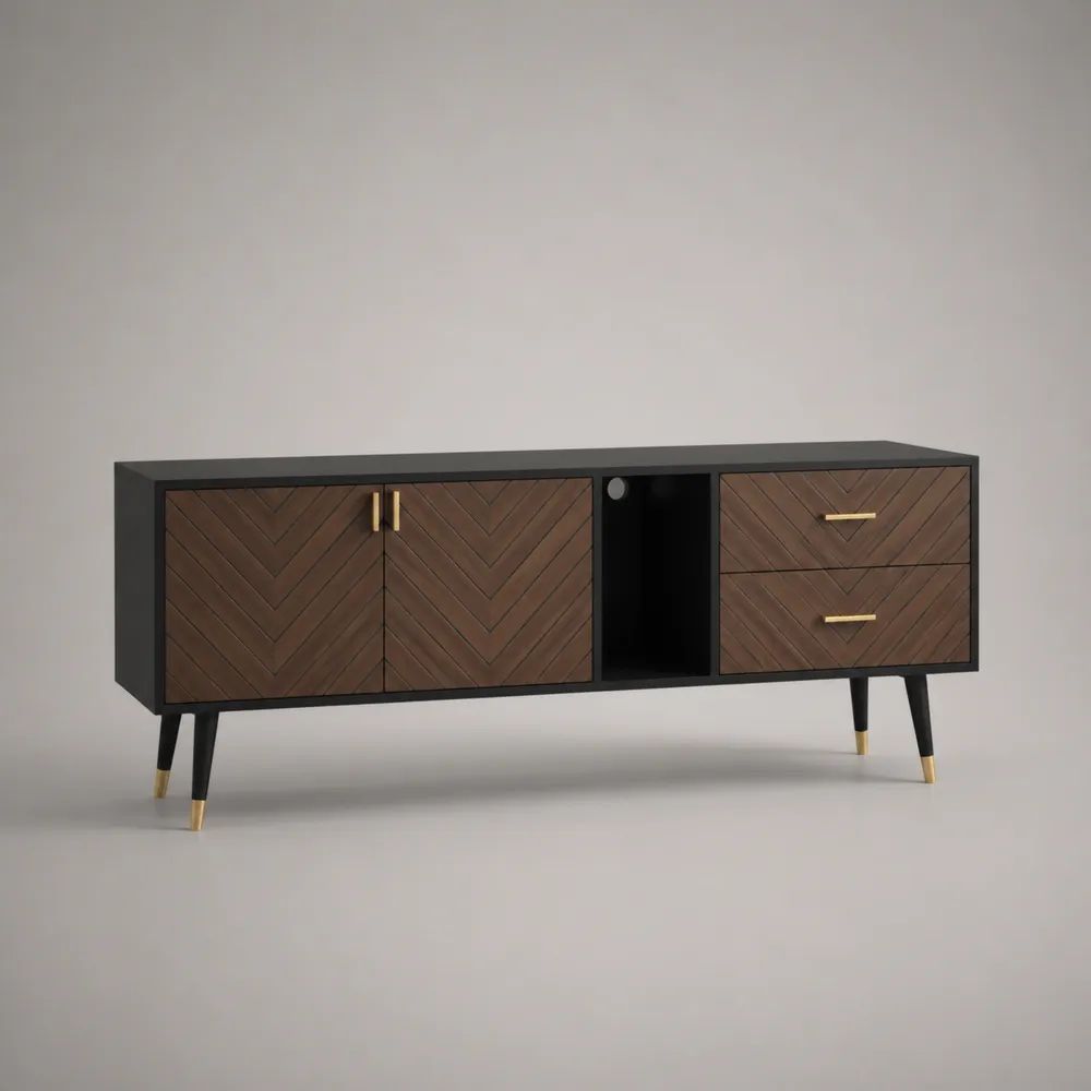Meuble TV rectangulaire en MDF plaqué noyer, 2 portes, 2 tiroirs et 1 niche, noir, brun noyer et doré, 160 × 40 × 75 cm