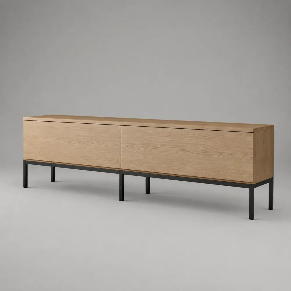 Meuble TV bas rectangulaire à 2 portes en MDF plaqué chêne et acier noir, 160 × 40 × 60 cm