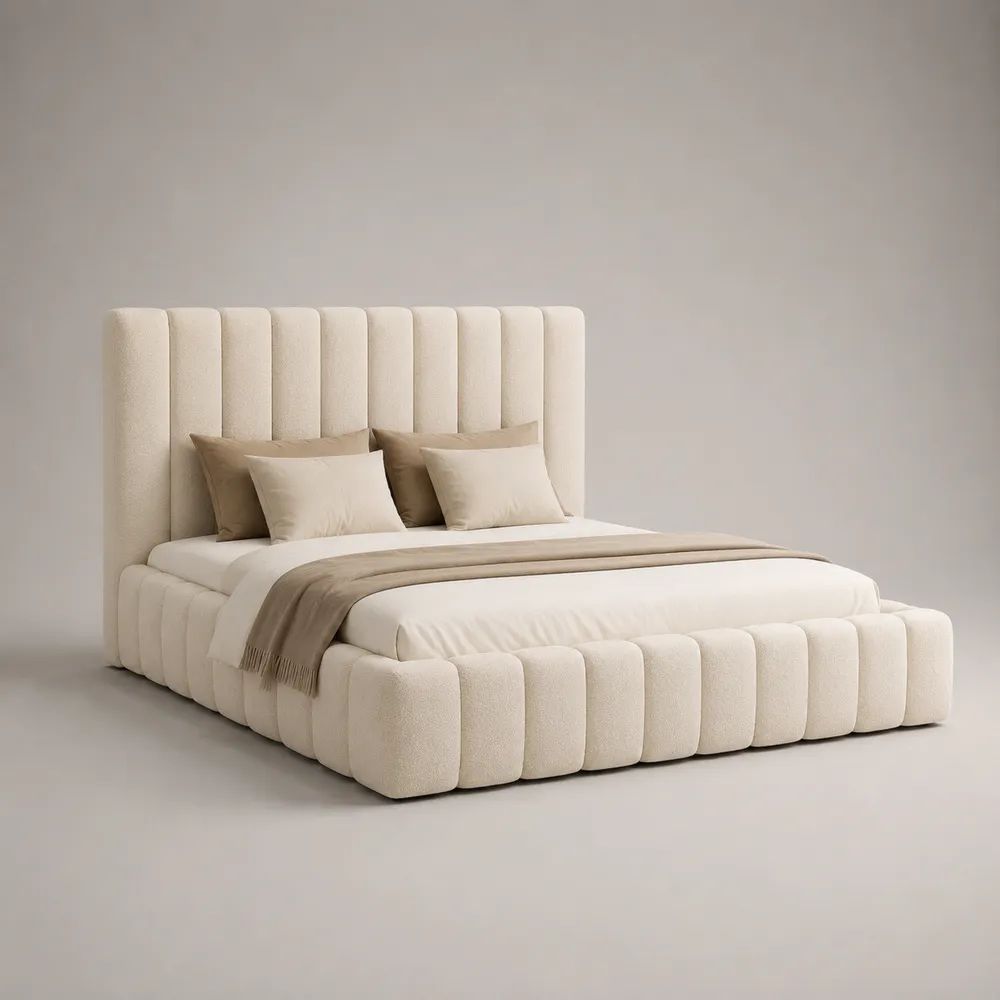 Lit coffre double 160 x 200 cm en tissu bouclé crème avec tête de lit capitonnée, 225 x 198 x 125 cm
