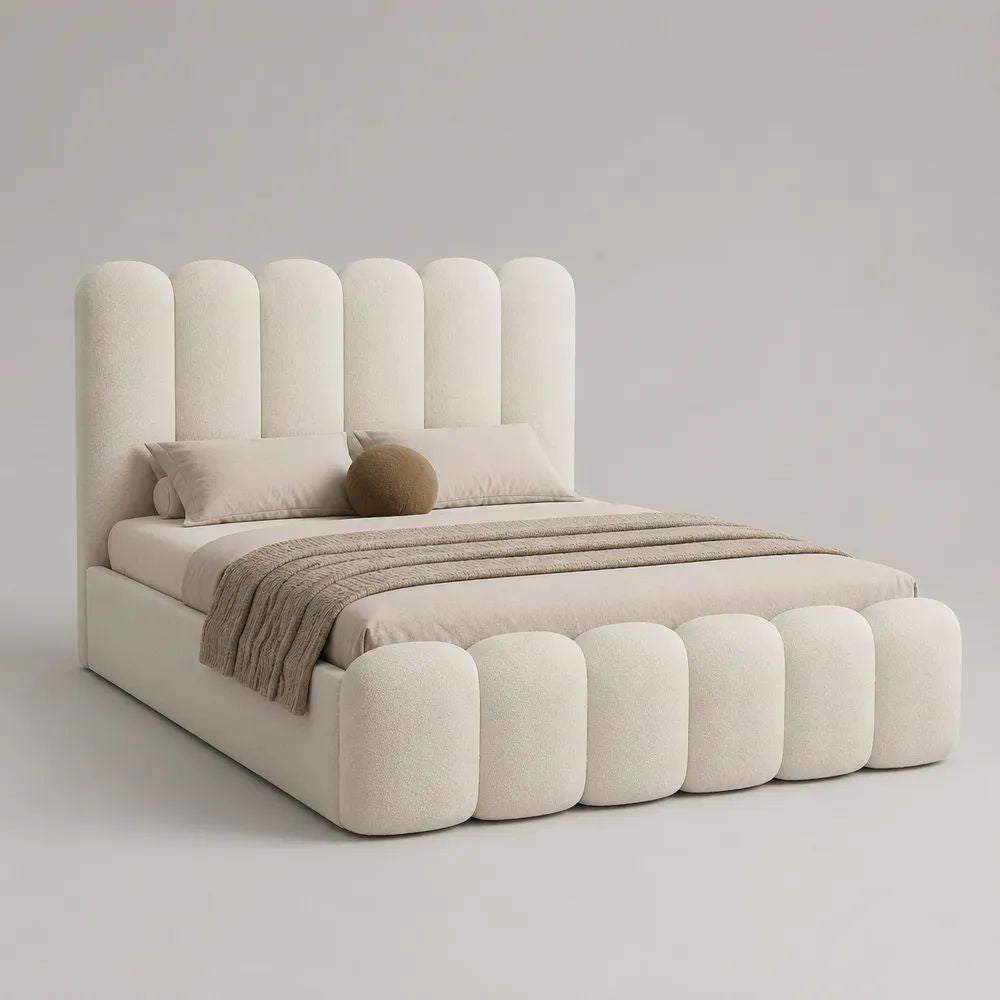 Lit coffre double 160 × 200 cm en tissu bouclé ivoire avec sommier relevable, dimensions 220 × 190 × 145 cm