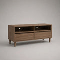 Meuble TV bas en MDF plaqué bois brun noyer avec 2 tiroirs et 2 passe-câbles, 120 × 40 × 60 cm