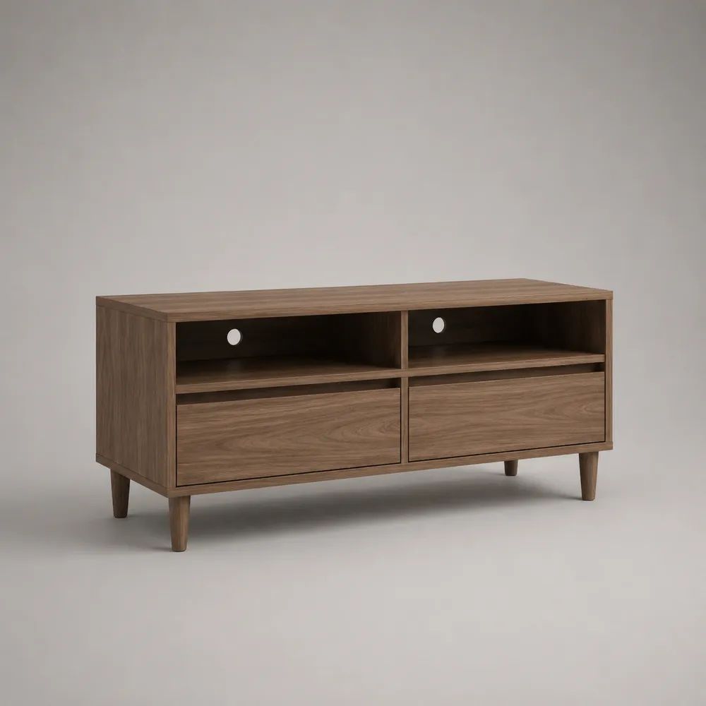 Meuble TV bas en MDF plaqué bois brun noyer avec 2 tiroirs et 2 passe-câbles, 120 × 40 × 60 cm