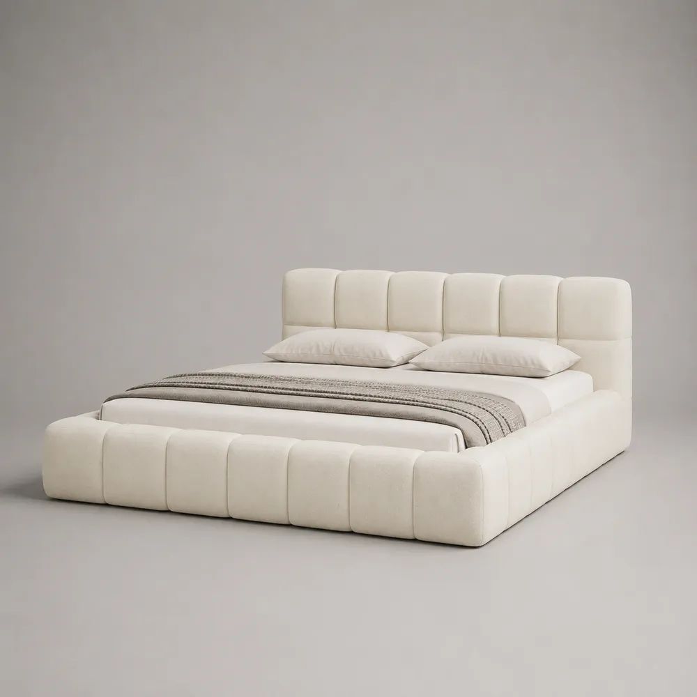 Lit coffre double 160 × 200 cm en tissu blanc cassé avec sommier relevable