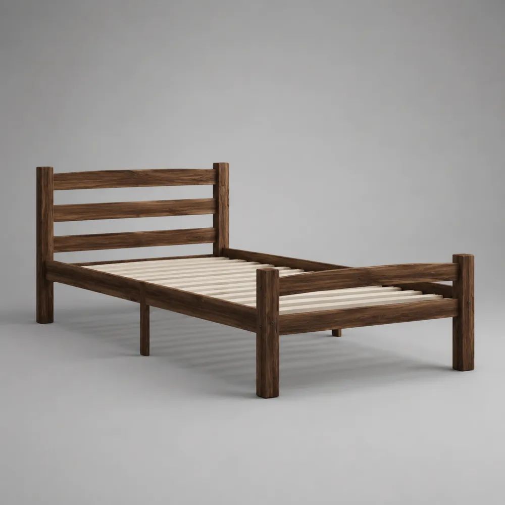 Lit simple 90 × 190 cm en pin massif avec sommier à lattes, brun foncé et beige naturel