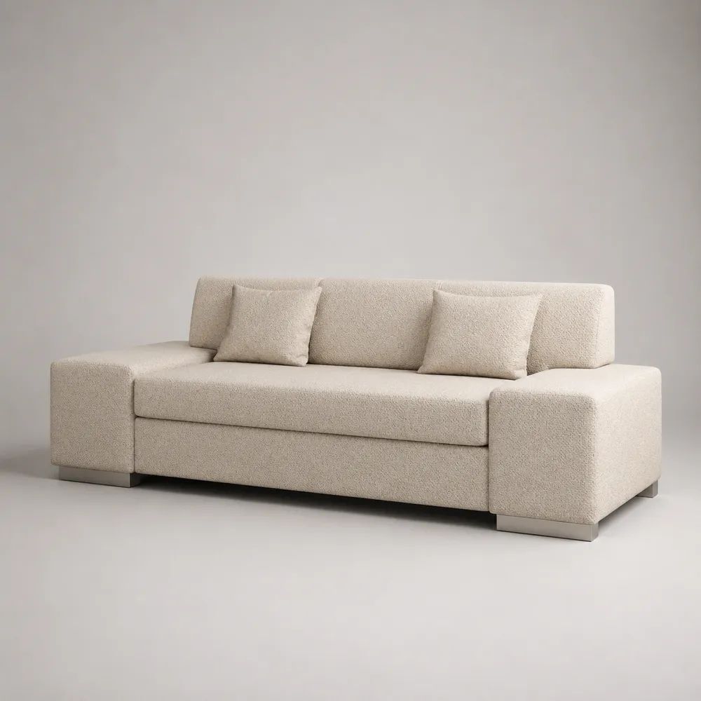 Canapé droit 3 places en tissu bouclette écru, 205 × 90 × 80 cm