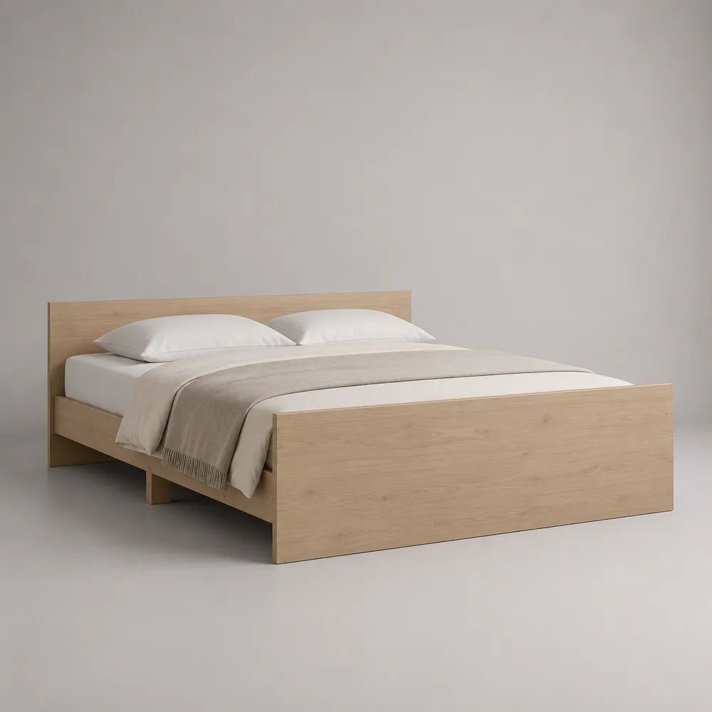 Lit double rectangulaire en bois avec sommier à lattes, chêne clair, couchage 160 × 200 cm, dimensions 168 × 208 × 90 cm
