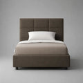 Lit coffre 1 place en tissu taupe avec tête de lit rembourrée et sommier à lattes, couchage 90 × 190 cm, dimensions 203 × 102 × 110 cm