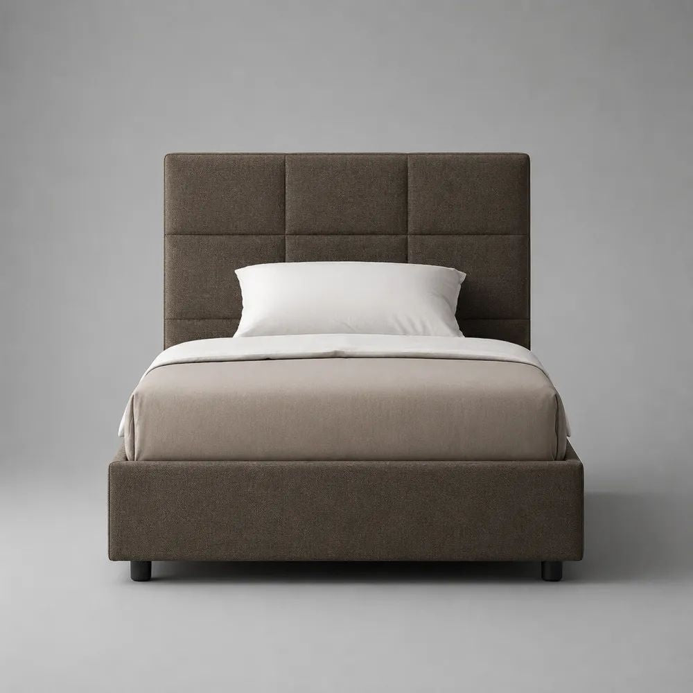 Lit coffre 1 place en tissu taupe avec tête de lit rembourrée et sommier à lattes, couchage 90 × 190 cm, dimensions 203 × 102 × 110 cm