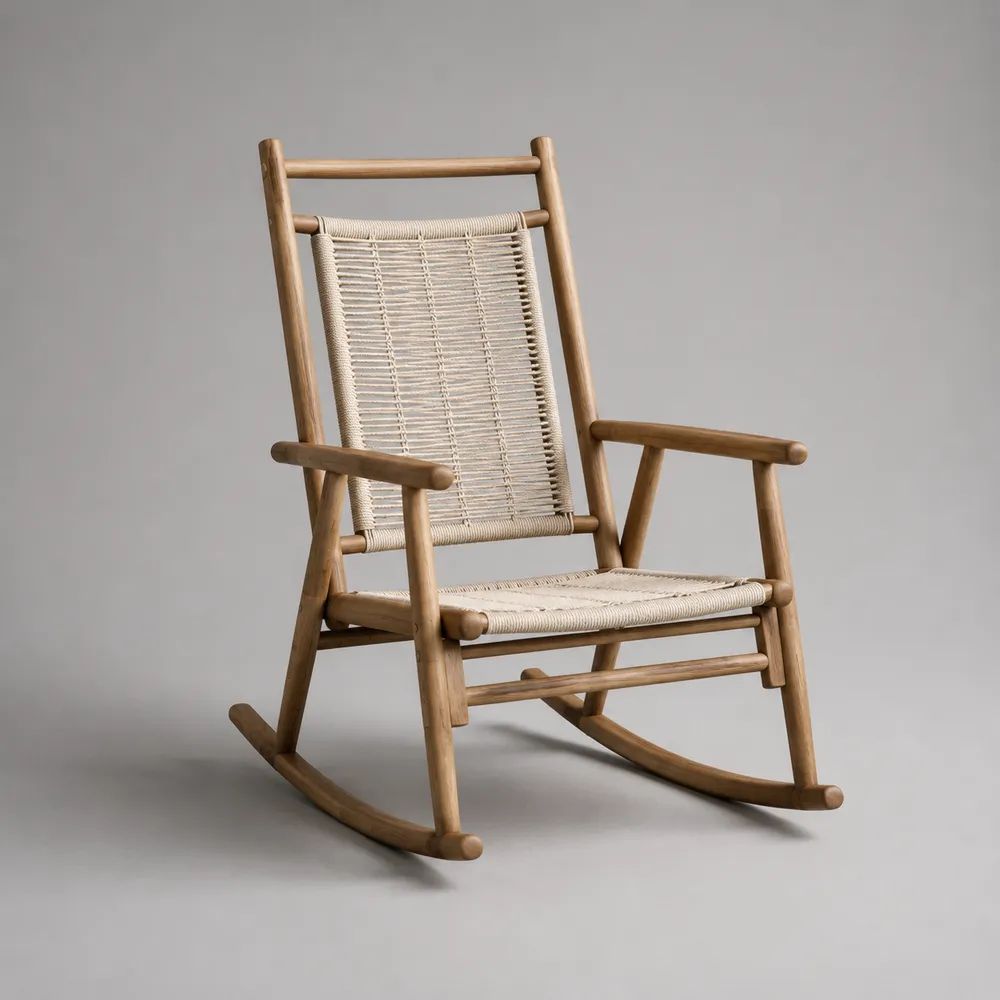 Fauteuil à bascule d’extérieur en bois massif et corde beige, 66 × 90 × 105 cm