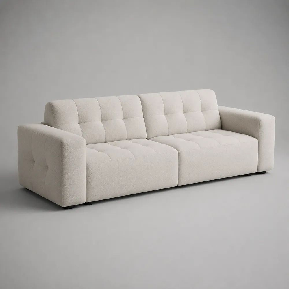 Canapé droit 3 places en tissu bouclé écru capitonné, 220 × 95 × 76 cm