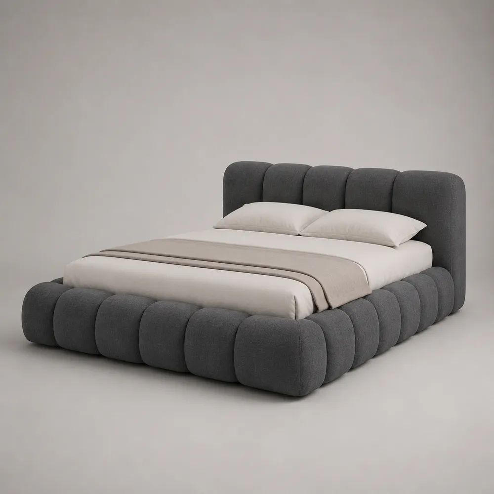 Lit coffre double rembourré en polyester gris anthracite, couchage 160 × 200 cm, dimensions 225 × 200 × 120 cm