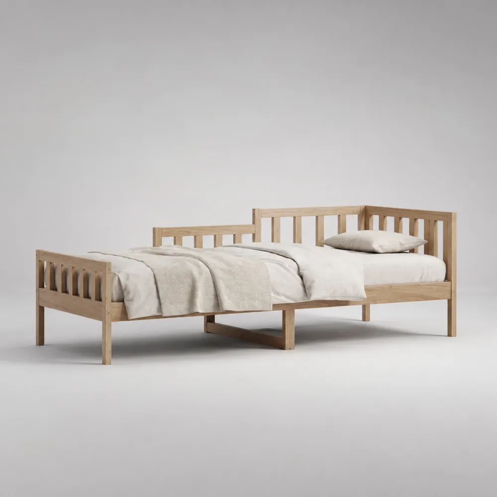 Lit banquette 1 place en bois massif beige clair avec sommier à lattes, couchage 90 × 200 cm, dimensions 209 × 97 × 75 cm