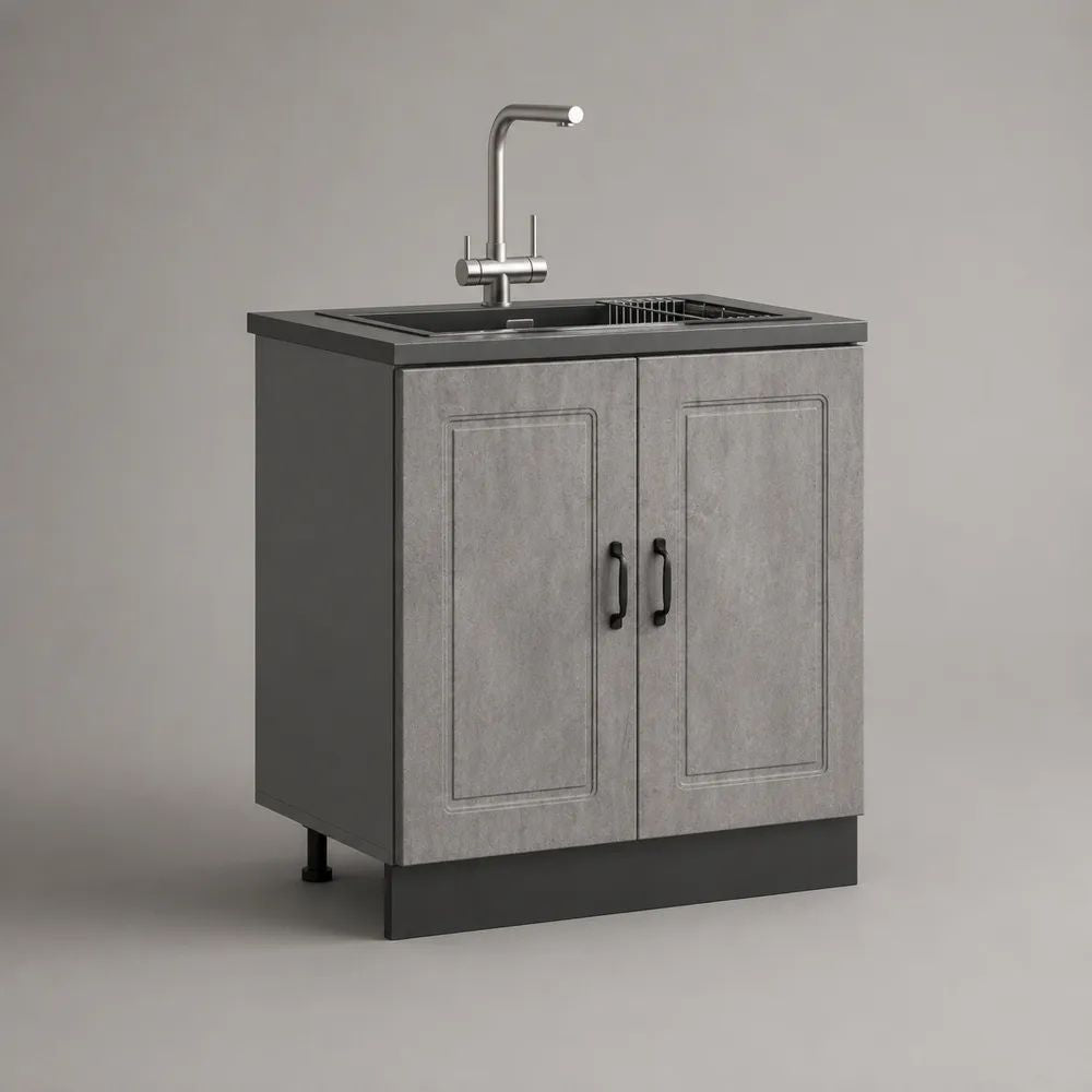 Meuble sous-évier rectangulaire avec évier, robinet et égouttoir en acier inoxydable, gris béton, anthracite et noir, 80 x 60 x 85 cm