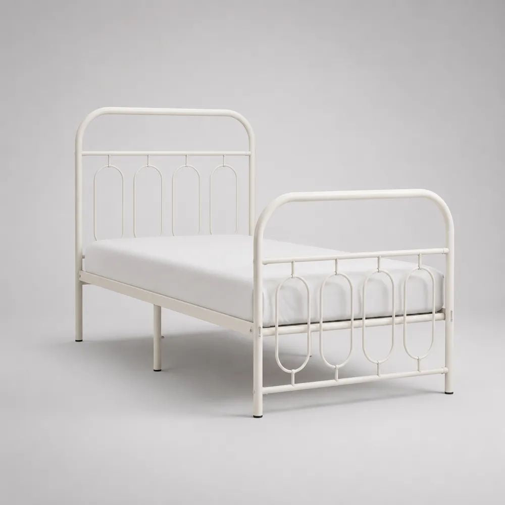 Lit simple 90 x 190 cm en acier blanc avec tête et pied de lit arrondis, 198 x 96 x 110 cm