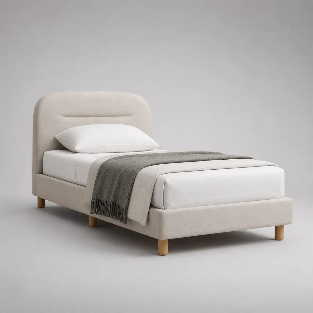 Lit simple rembourré en polyester beige 90 × 200 cm avec tête de lit, sommier à lattes et pieds en bois