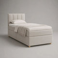 Lit continental 1 place en tissu blanc cassé avec matelas et surmatelas, couchage 90 x 200 cm, dimensions 210 x 100 x 120 cm