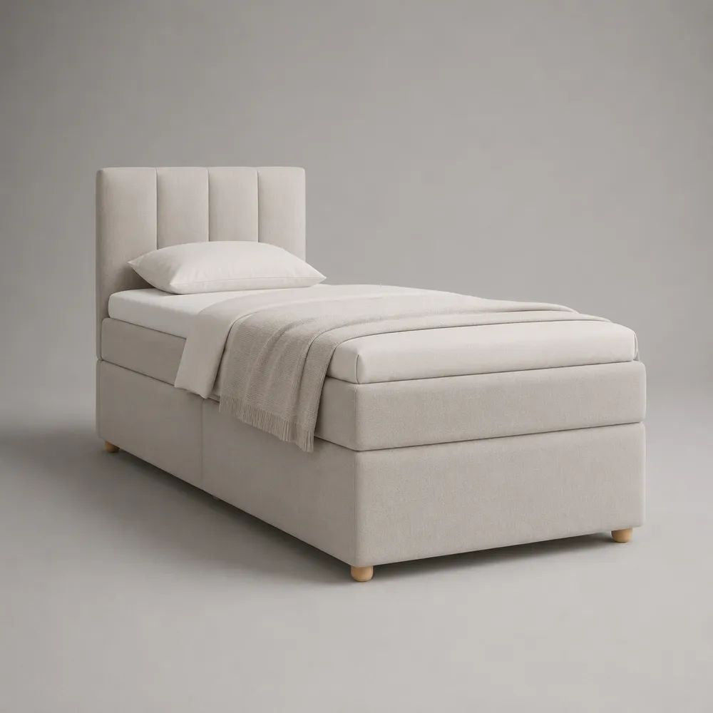 Lit continental 1 place en tissu blanc cassé avec matelas et surmatelas, couchage 90 x 200 cm, dimensions 210 x 100 x 120 cm