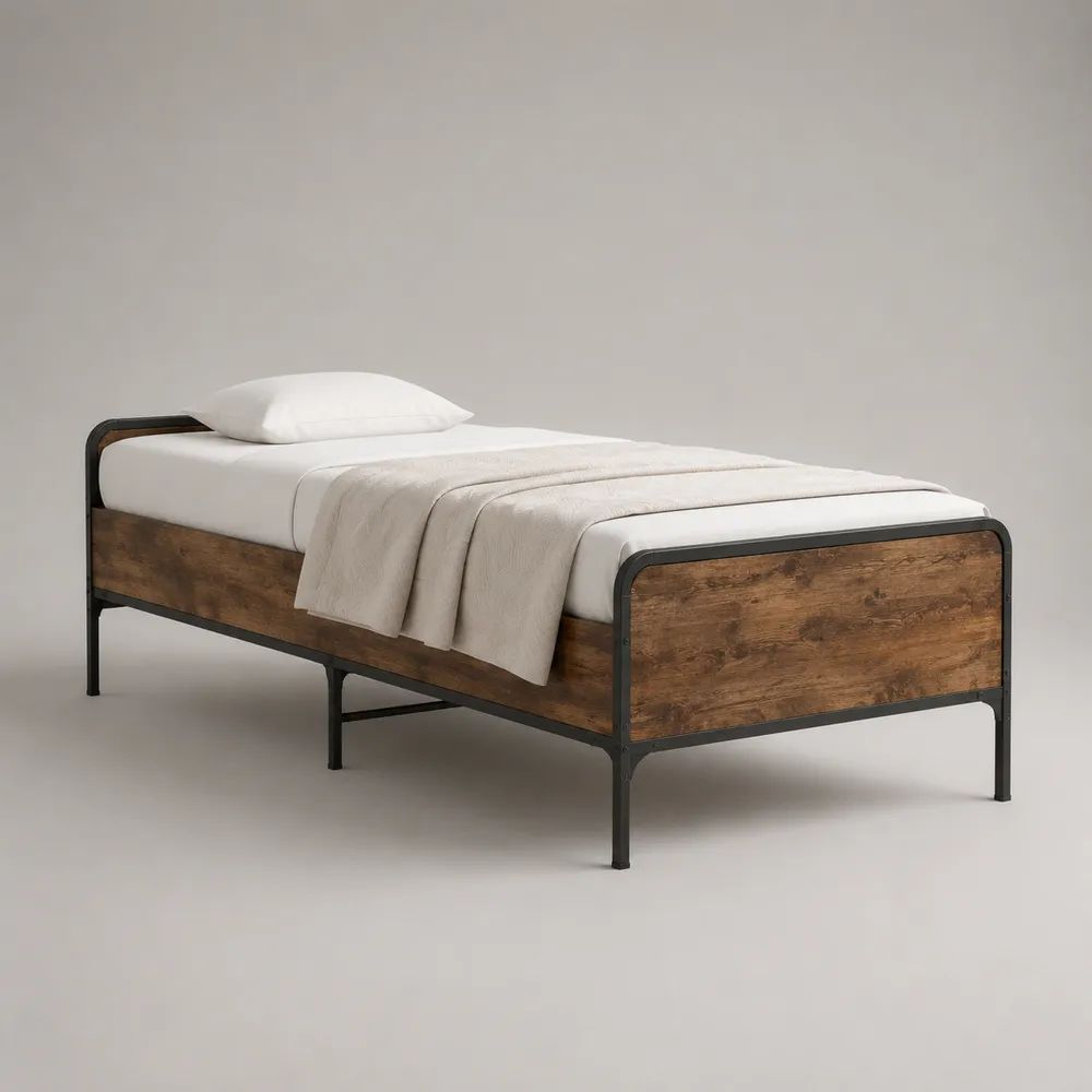 Lit simple 90 x 200 cm avec cadre en acier noir et panneaux en MDF effet chêne brun, 206 x 96 x 70 cm