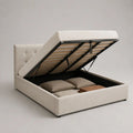 Lit coffre 2 places en tissu beige clair 173 x 212 x 110 cm, couchage 160 x 200 cm, sommier relevable à lattes et cadre en acier