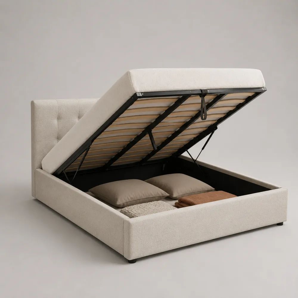 Lit coffre 2 places en tissu beige clair 173 x 212 x 110 cm, couchage 160 x 200 cm, sommier relevable à lattes et cadre en acier