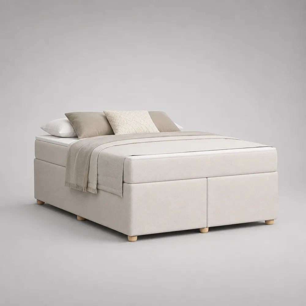 Lit double rectangulaire 160 x 200 cm en tissu beige avec matelas et surmatelas