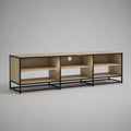 Meuble TV bas rectangulaire à 6 niches en bois et acier, chêne naturel et noir, 180 × 40 × 60 cm