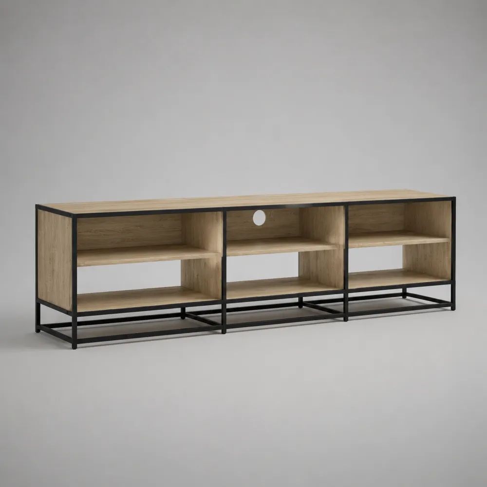 Meuble TV bas rectangulaire à 6 niches en bois et acier, chêne naturel et noir, 180 × 40 × 60 cm