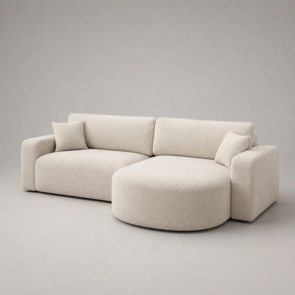 Canapé d’angle droit 3 places en tissu bouclé écru avec méridienne arrondie, 250 × 160 × 78 cm