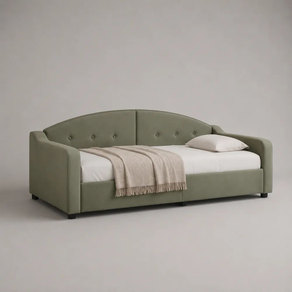 Lit banquette 1 place en velours polyester vert sauge, couchage 90 × 200 cm, dimensions 220 × 105 × 92 cm