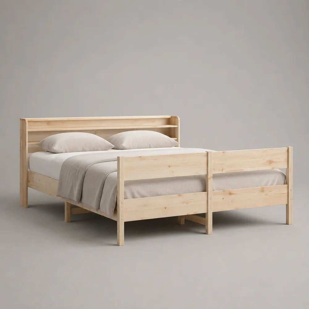 Lit double rectangulaire en bois naturel 160 × 200 cm avec sommier à lattes, tête de lit avec tablette et barrières latérales