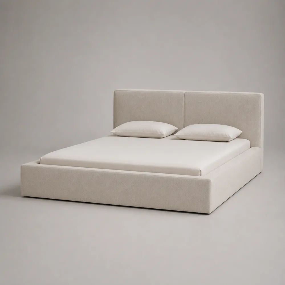 Lit coffre double 160 x 200 cm en tissu beige avec sommier relevable et tête de lit rembourrée, 220 x 178 x 110 cm