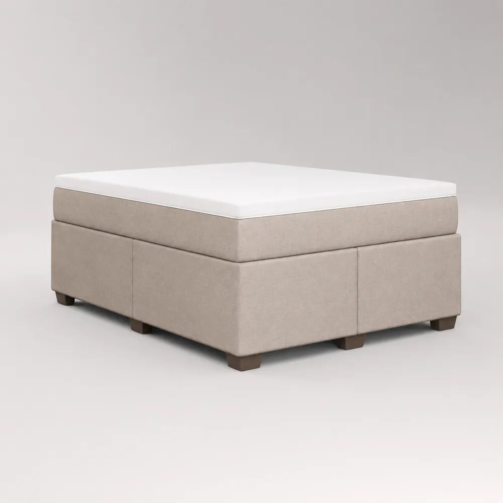 Ensemble lit double en tissu beige avec matelas, surmatelas et 2 sommiers tapissiers, 160 x 200 cm