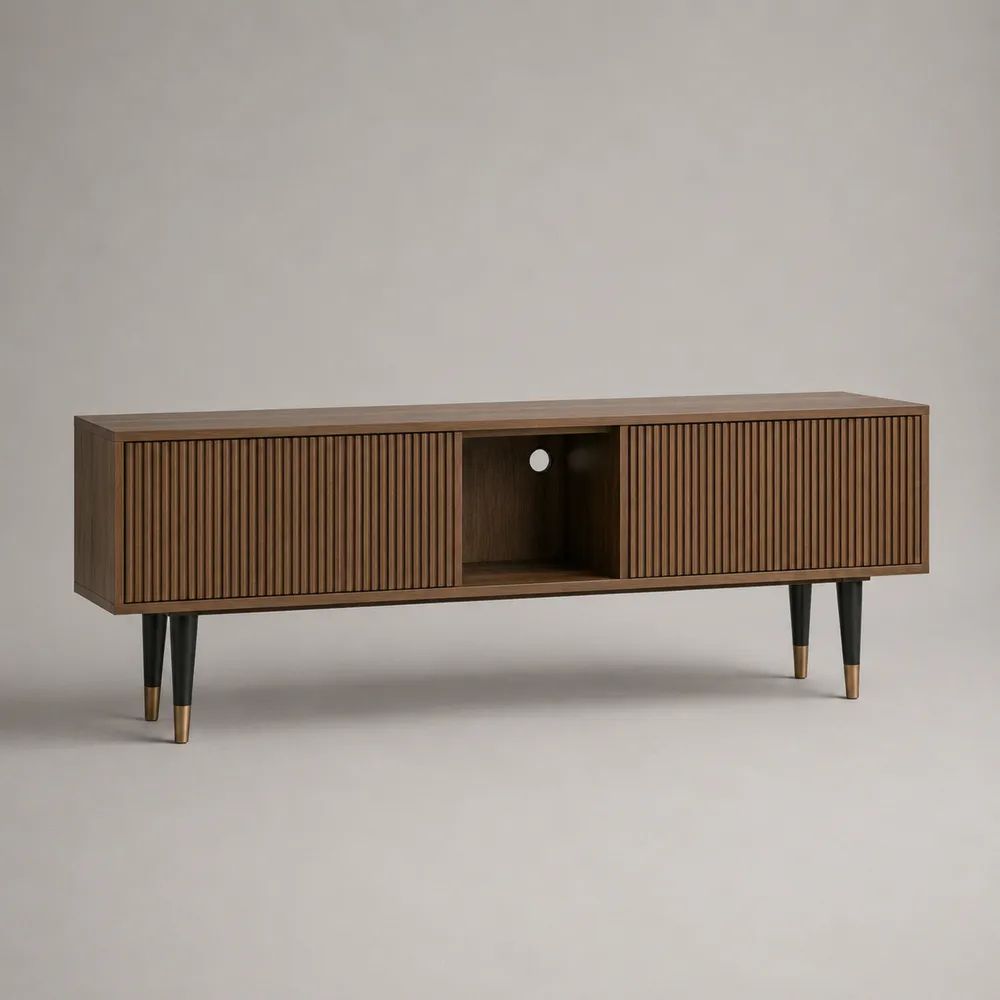 Meuble TV bas rectangulaire en MDF plaqué noyer avec 2 portes coulissantes et niche passe-câbles, brun noyer, noir et laiton, 160 × 40 × 60 cm