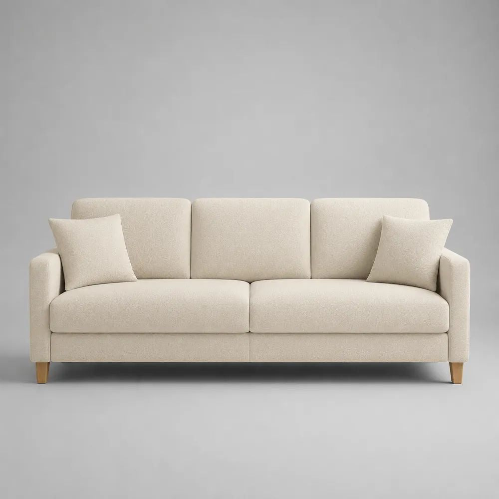 Canapé droit 3 places en tissu bouclé crème avec 2 coussins, 210 × 88 × 86 cm