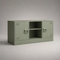 Meuble TV bas en acier thermolaqué, 2 portes et 2 niches, vert sauge, 100 × 35 × 60 cm