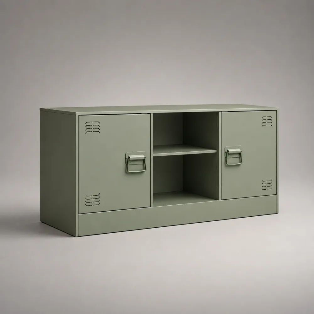 Meuble TV bas en acier thermolaqué, 2 portes et 2 niches, vert sauge, 100 × 35 × 60 cm