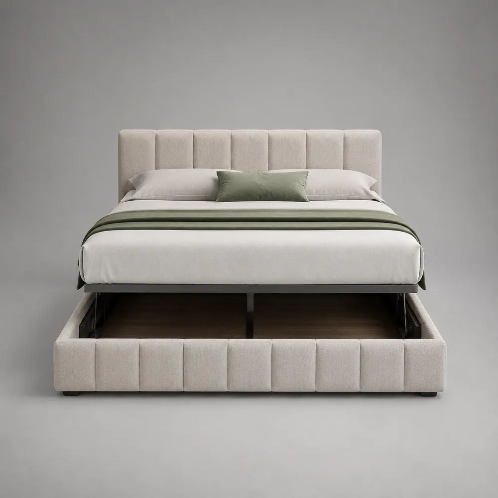 Lit coffre 160 x 200 cm en bois et métal, rembourré en polyester beige, tête de lit à panneaux, dimensions 180 x 215 x 110 cm