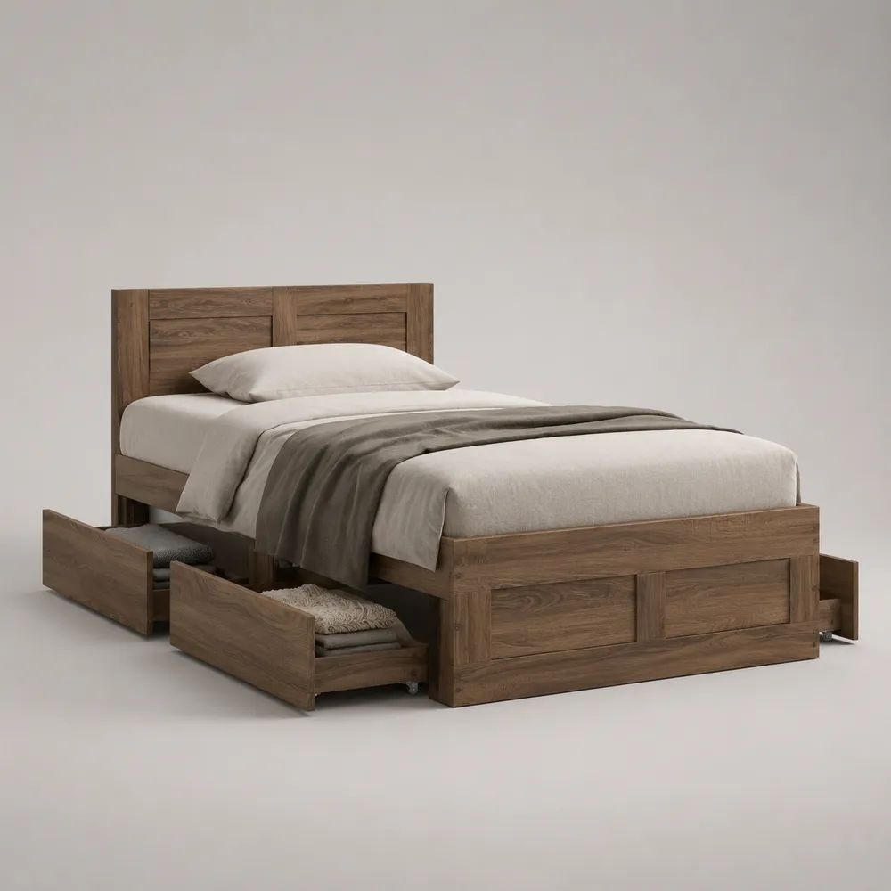 Lit simple en pin massif brun noyer avec 3 tiroirs, couchage 90 × 190 cm, dimensions 200 × 100 × 110 cm