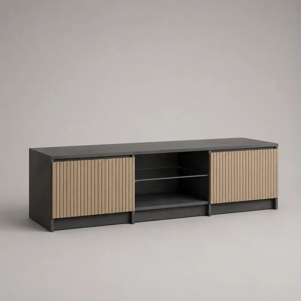 Meuble TV rectangulaire à 2 portes en MDF rainuré et panneaux mélaminés avec étagère en verre, noir et beige, 180 × 40 × 55 cm