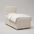 Ensemble lit simple rembourré en tissu beige avec tête de lit et matelas, couchage 90 × 190 cm