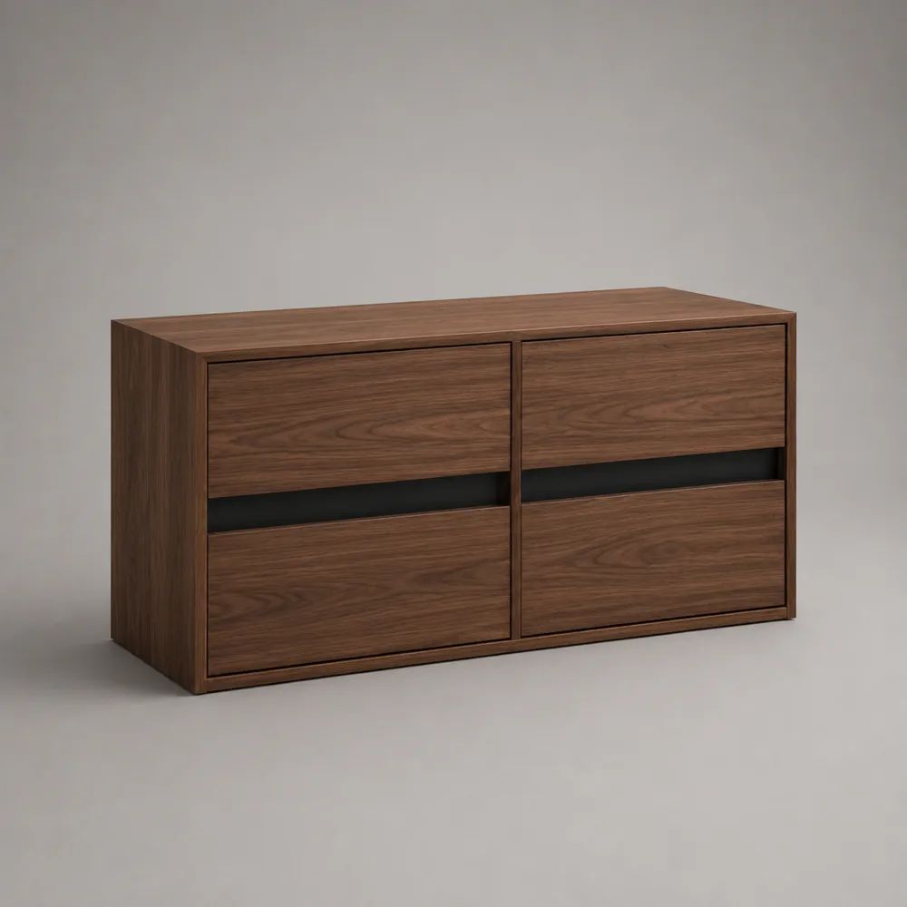 Meuble TV bas rectangulaire en MDF plaqué noyer avec 4 tiroirs, brun noyer et noir, 120 × 40 × 65 cm