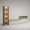 Ensemble meuble TV rectangulaire avec cheminée électrique et colonne à niches LED en bois, métal et verre, chêne clair/blanc/gris anthracite, 280 × 40 × 180 cm