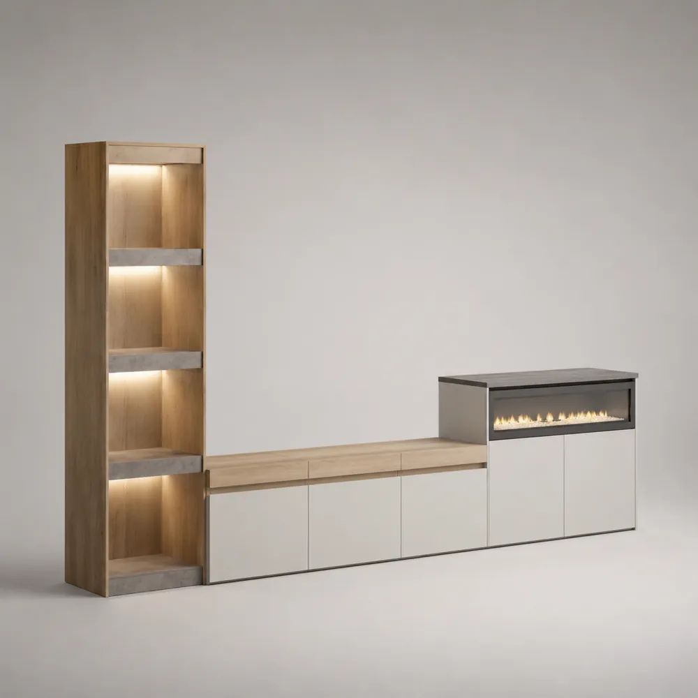 Ensemble meuble TV rectangulaire avec cheminée électrique et colonne à niches LED en bois, métal et verre, chêne clair/blanc/gris anthracite, 280 × 40 × 180 cm
