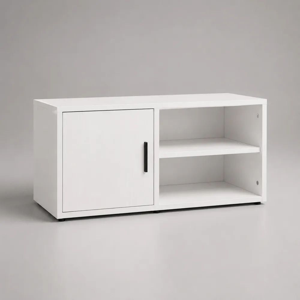 Meuble TV bas rectangulaire blanc et noir en panneaux de particules mélaminés, 1 porte et 2 niches, 100 × 35 × 55 cm